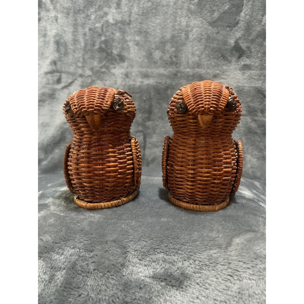 Vintage Wicker Owl Figurine Set 2 Brown Boho Rattan Decor4.5" Trinket Basket